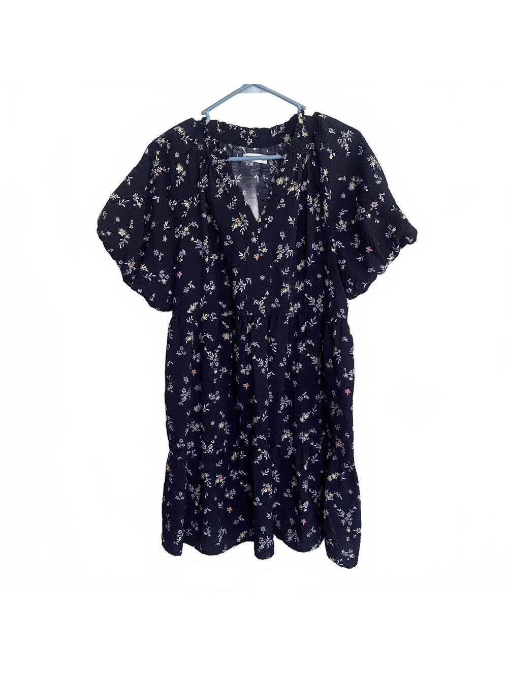Sonoma Navy Floral Puff Sleeve Mini Dress Women’s Small Cottagecore Fall Dress